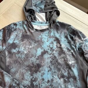 Huk Performance Fishing Hoodie Long Sleeve Camo Aqua Grey Men's Size M